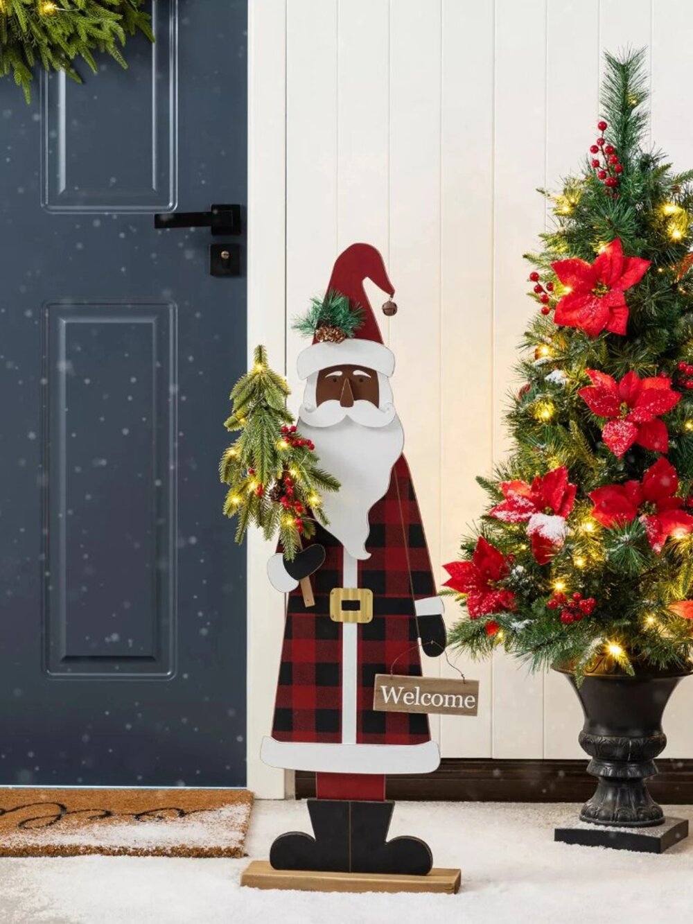 Glitzhome 35.75in Lighted African Santa Porch Decor Welcome Sign Xmas Stand Wood